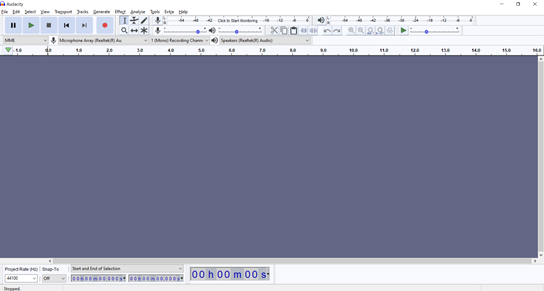 Audacity project window with toolbars and recording buttons and area for displaying audio tracks