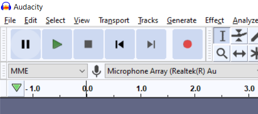 The Audacity Transport toolbar with options to Pause, Play, Stop, Rewind, Fast forward, and Record.