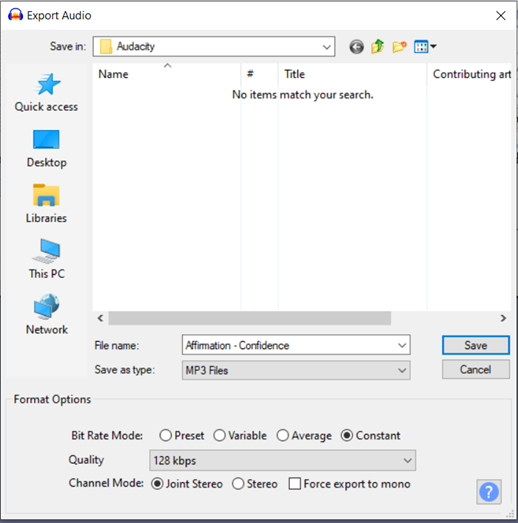 The Export Audio window, which shows an area to list files, also has areas to choose details of a file, format settings, and file locations.
