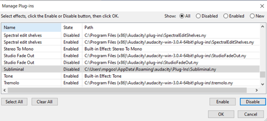 Manage Plug-ins window lists all current plug-ins and whether they are enabled. Has options to Enable, Disable, Select All, Clear All, Cancel, confirm your selections with the OK button. The Subliminal plug-in is highlighted, has a current state of Disabled.