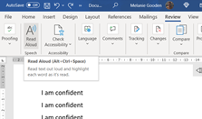 Microsoft word document with the affirmation text &lsquo;I am Confident&rsquo;, also visible is the Review menu and Read Aloud icon