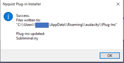 Nyquist Plug-in Installer confirmation window, displaying the success of the installation, the location of the file, and the name of the updated plug-in. 