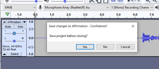 Saving project confirmation window, shows note &lsquo;Save project before closing? Yes, No, and Cancel options.