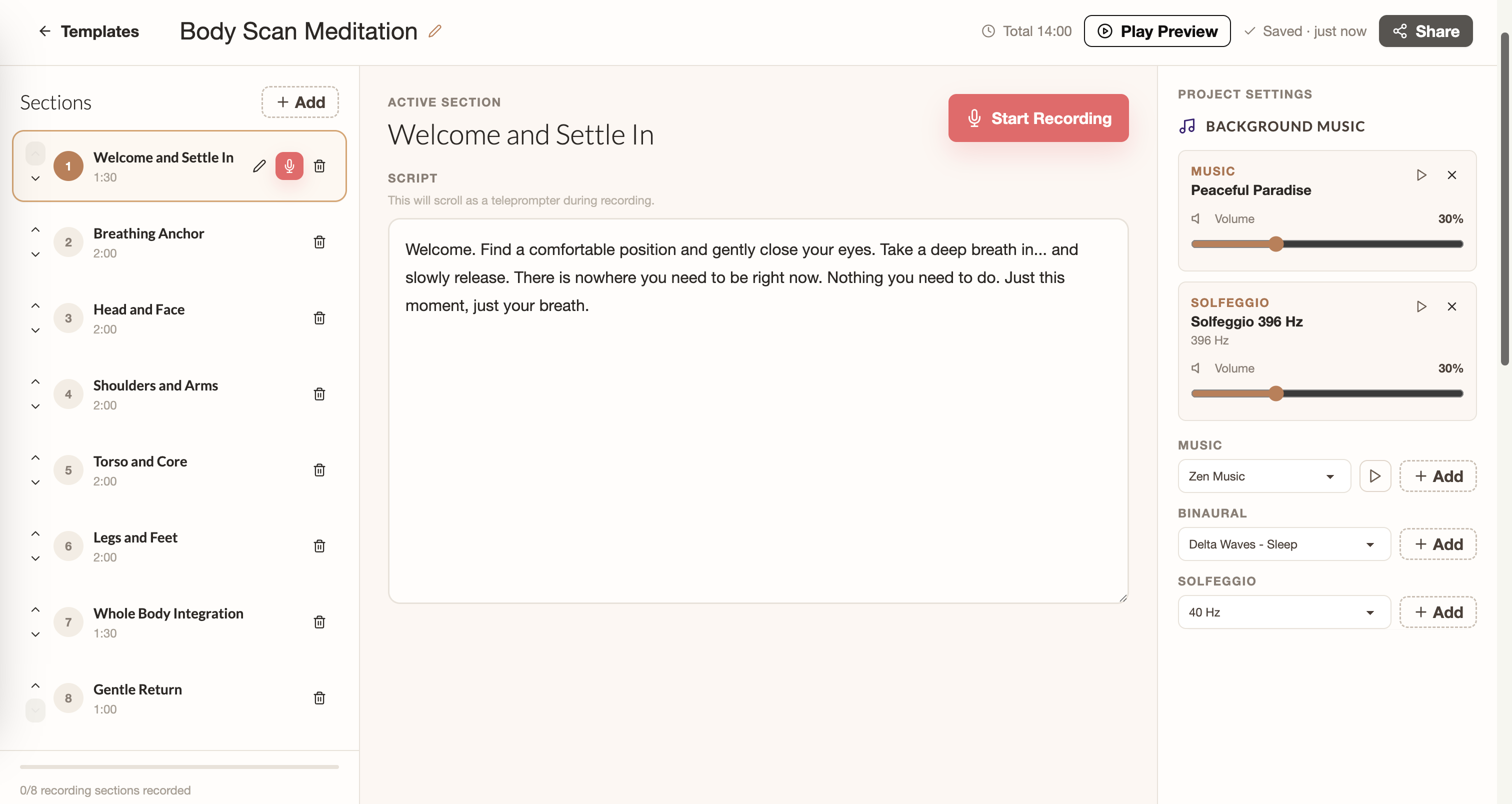 Meditation Studio editor showing section recording, script editing, preview controls, and background music settings
